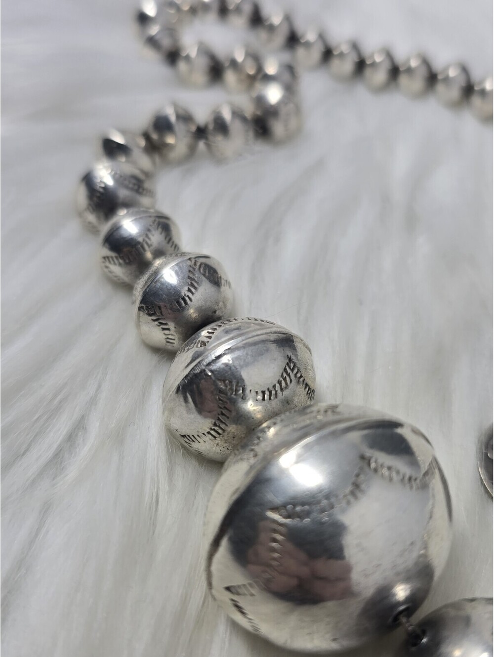 Navajo Sterling Silver Graduated Stamped Pearls Necklace 24" - Picture 8 of 8